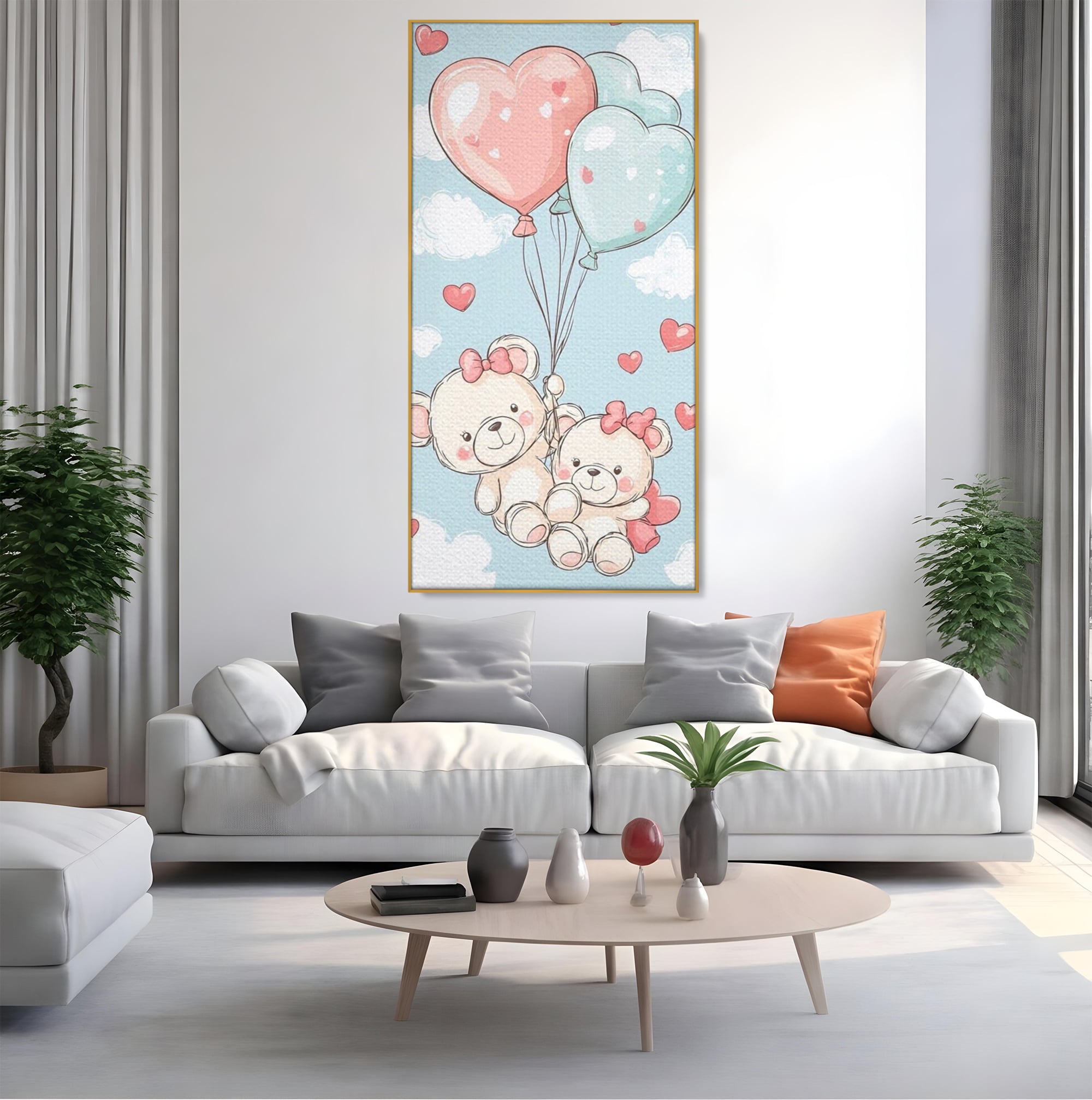 Tablou canvas cu ilustratie cu ursuleti zburand cu baloane, in rama de aluminiu auriu, pe perete intr-un living